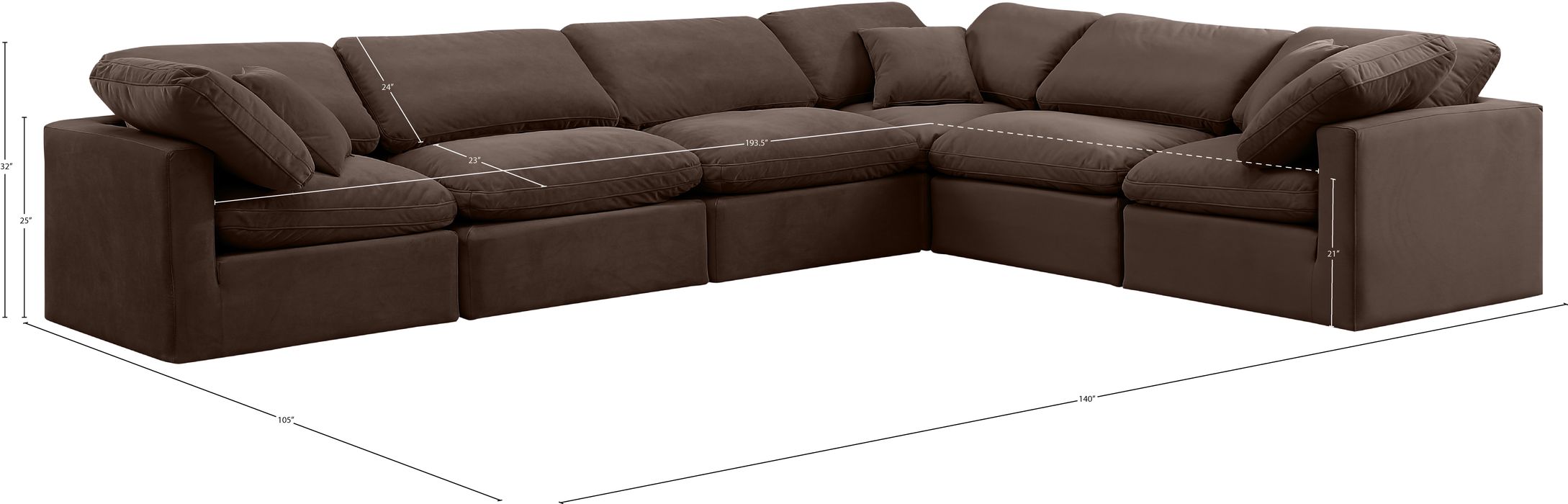 Meridian Furniture - Indulge 140" Brown Velvet Upholstered 6pc. Sectional - 147Brown-Sec6A - GreatFurnitureDeal