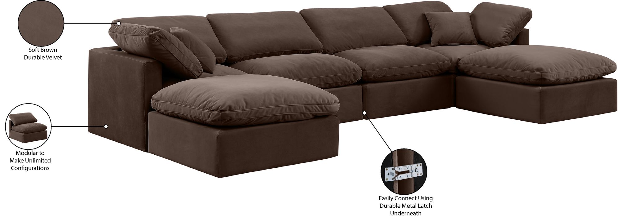 Meridian Furniture - Indulge 140" Brown Velvet Upholstered 6pc. Sectional - 147Brown-Sec6B - GreatFurnitureDeal