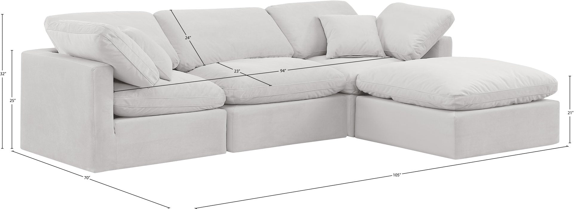Meridian Furniture - Indulge 105" Cream Velvet Upholstered 4pc. Sectional - 147Cream-Sec4A - GreatFurnitureDeal