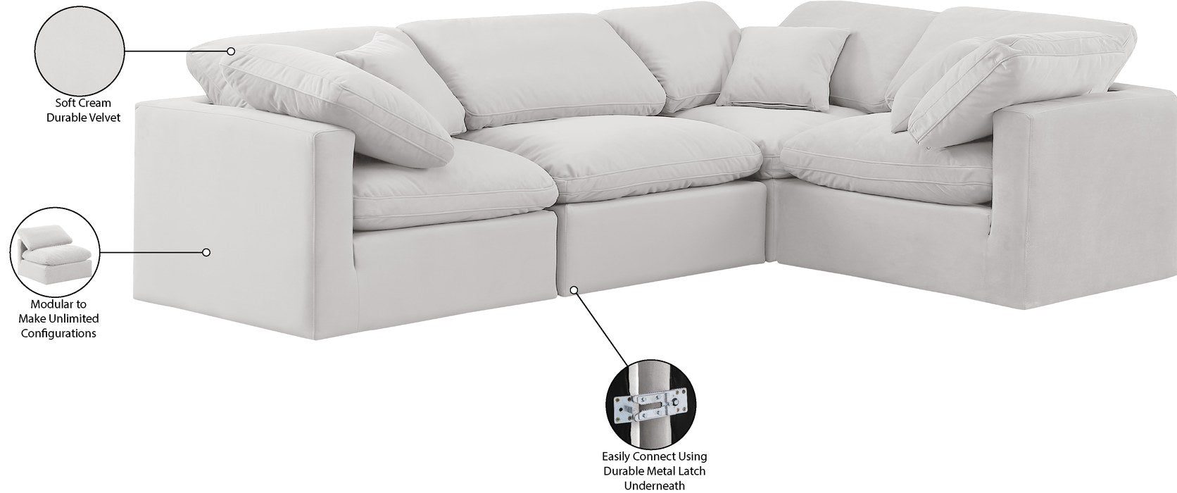 Meridian Furniture - Indulge 105" Cream Velvet Upholstered 4pc. Sectional - 147Cream-Sec4C - GreatFurnitureDeal
