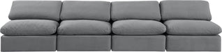 Meridian Furniture - Indulge 140" Grey Velvet Upholstered 4pc. Armless Sofa - 147Grey-S4 - GreatFurnitureDeal