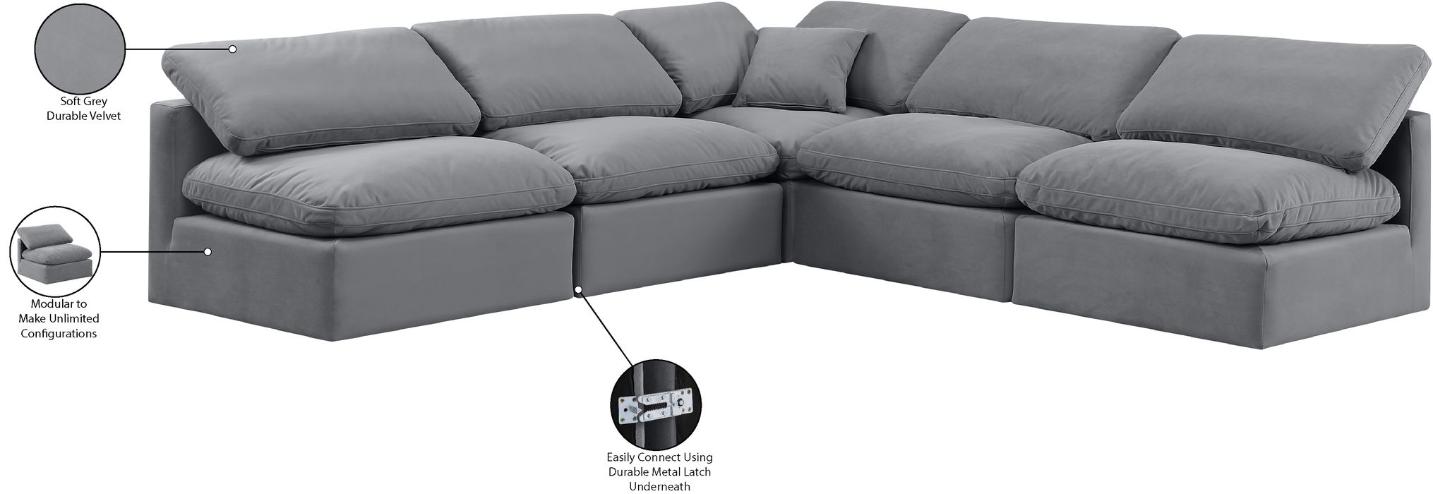Meridian Furniture - Indulge 105" Grey Velvet Upholstered 5pc. Sectional - 147Grey-Sec5B - GreatFurnitureDeal