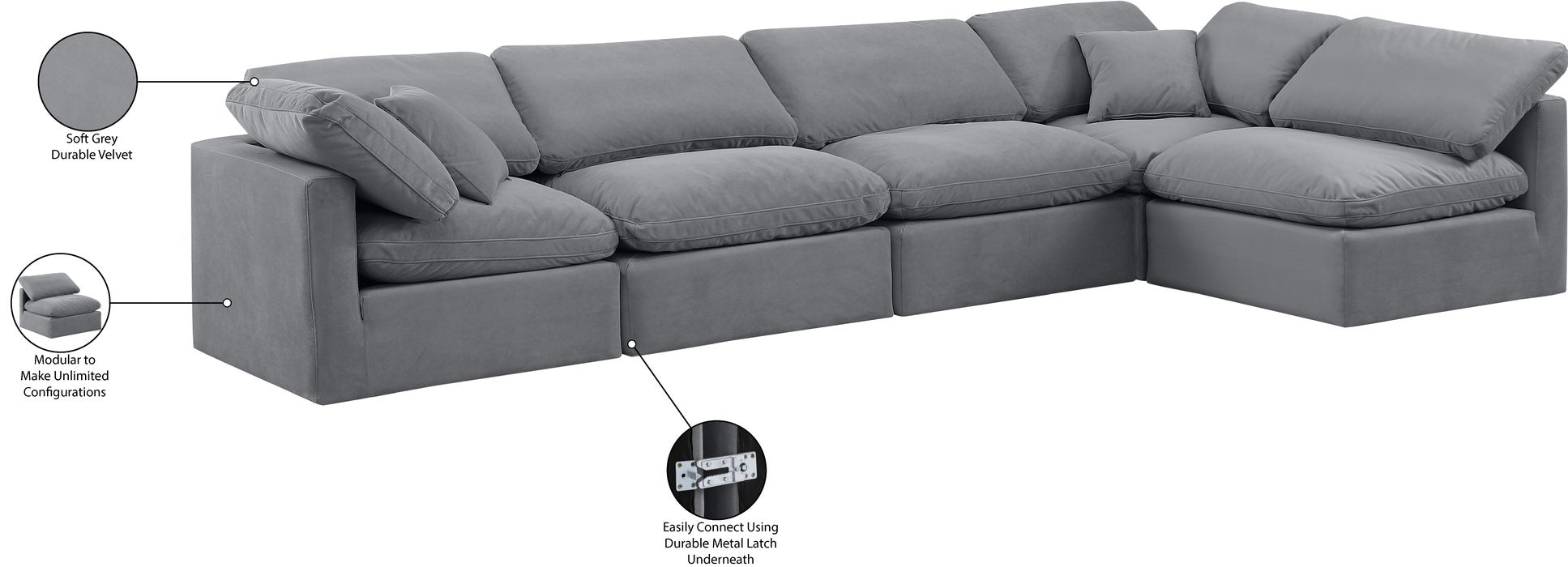Meridian Furniture - Indulge 140" Grey Velvet Upholstered 5pc. Sectional - 147Grey-Sec5D - GreatFurnitureDeal