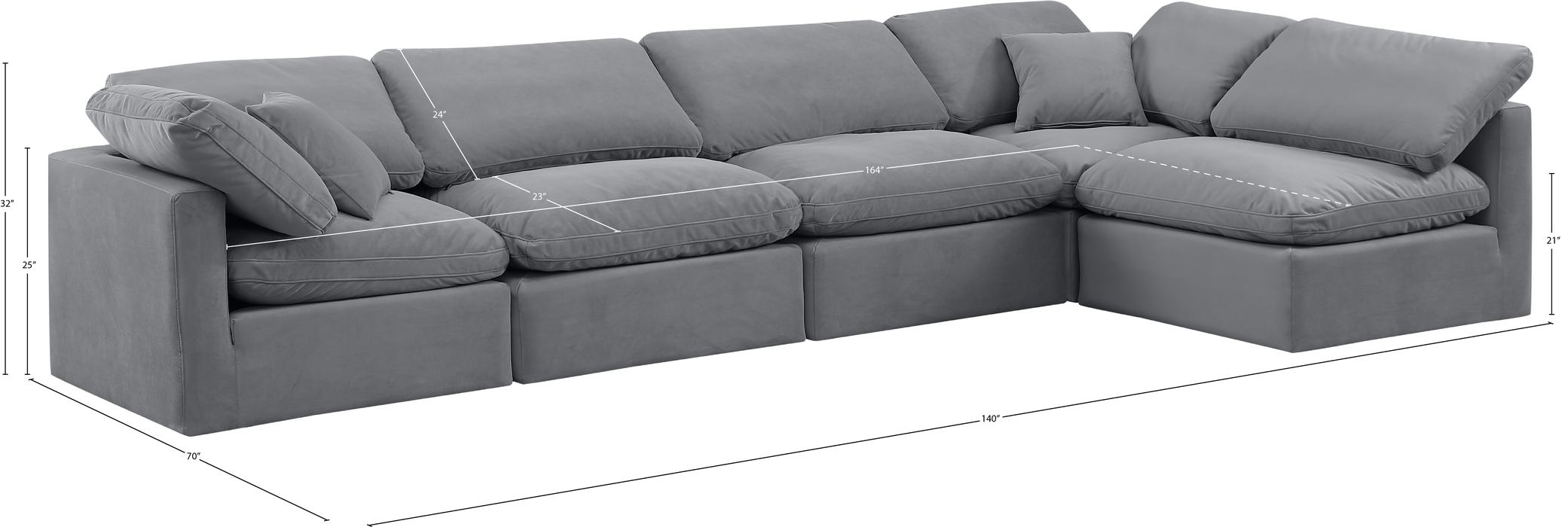 Meridian Furniture - Indulge 140" Grey Velvet Upholstered 5pc. Sectional - 147Grey-Sec5D - GreatFurnitureDeal