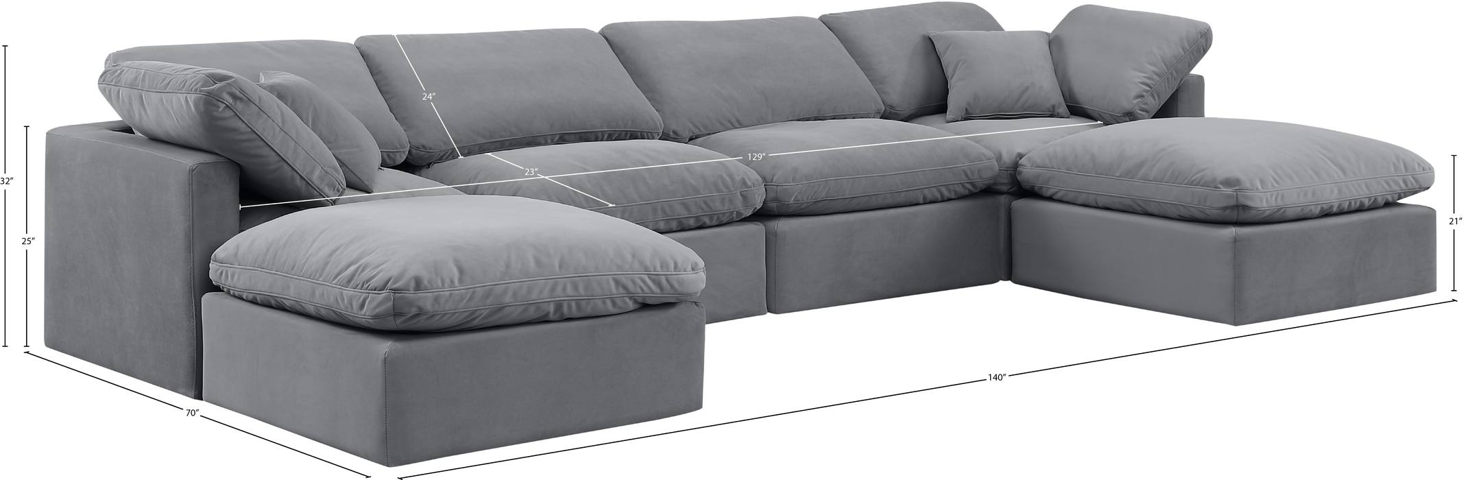 Meridian Furniture - Indulge 140" Grey Velvet Upholstered 6pc. Sectional - 147Grey-Sec6B - GreatFurnitureDeal
