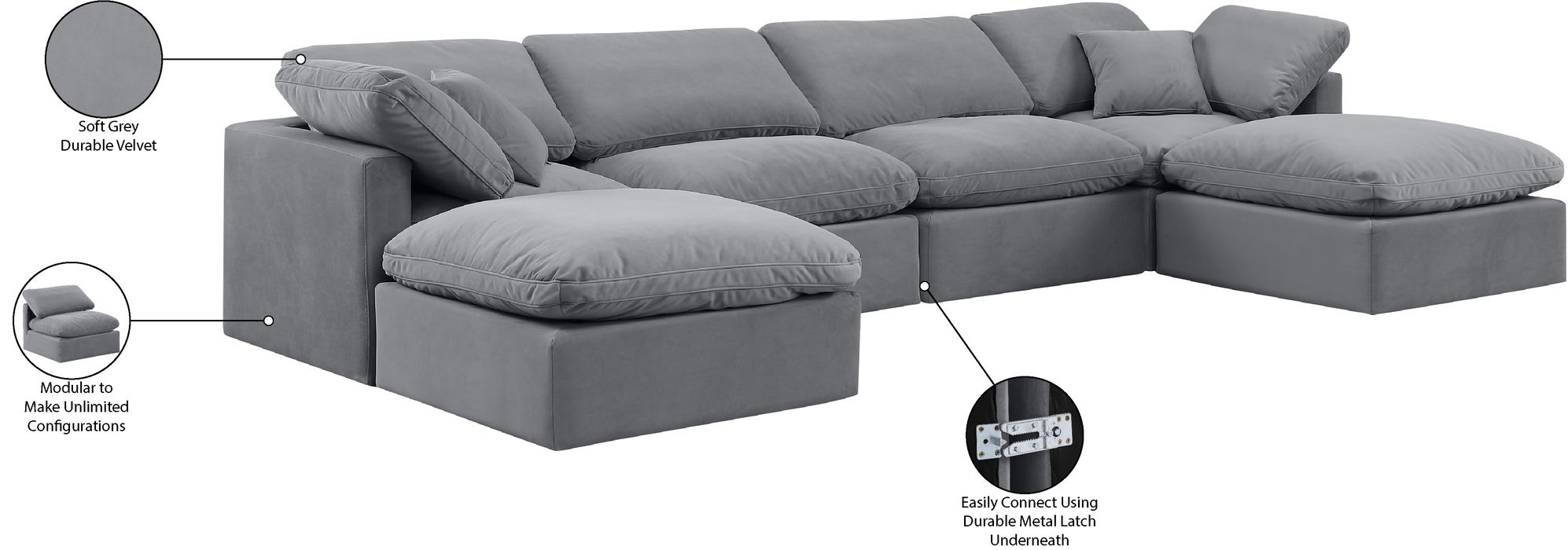 Meridian Furniture - Indulge 140" Grey Velvet Upholstered 6pc. Sectional - 147Grey-Sec6B - GreatFurnitureDeal