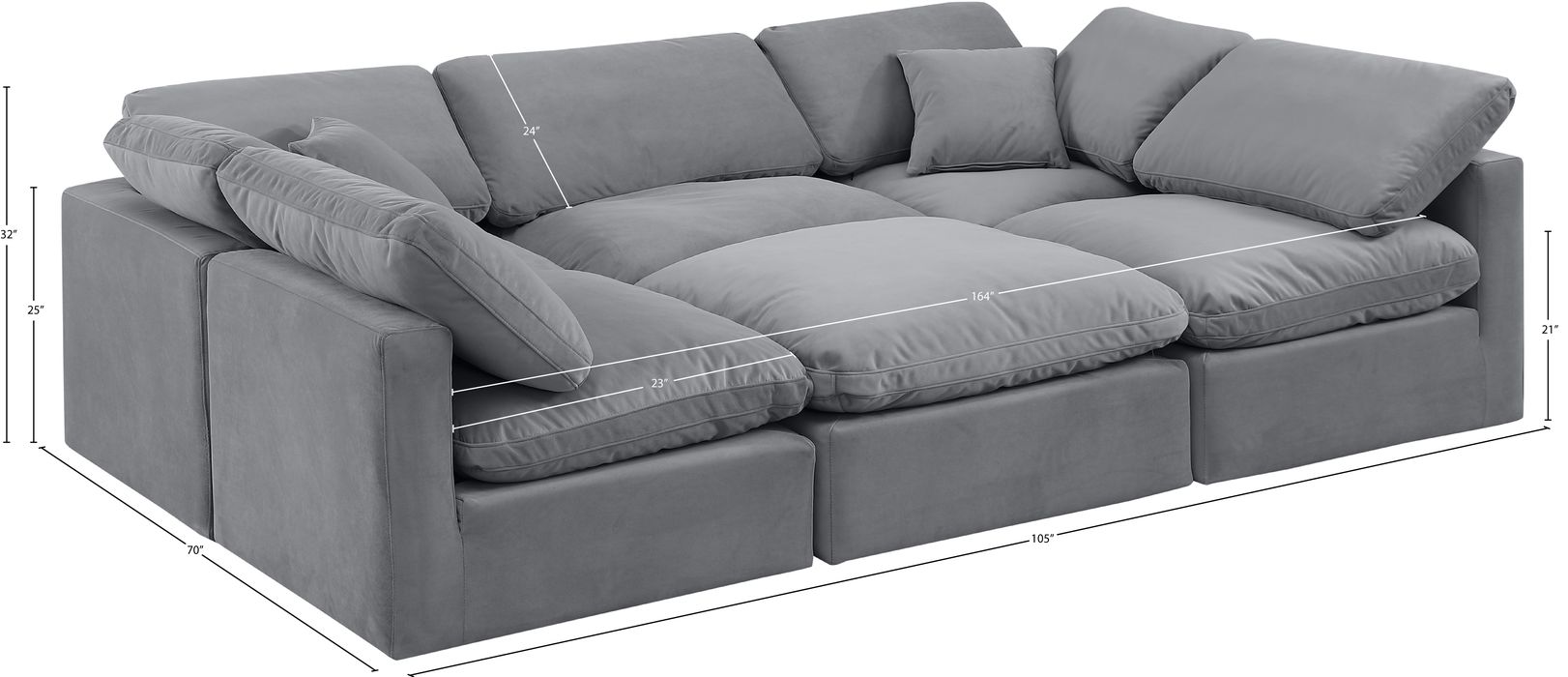 Meridian Furniture - Indulge 105" Grey Velvet Upholstered 6pc. Sectional - 147Grey-Sec6C - GreatFurnitureDeal