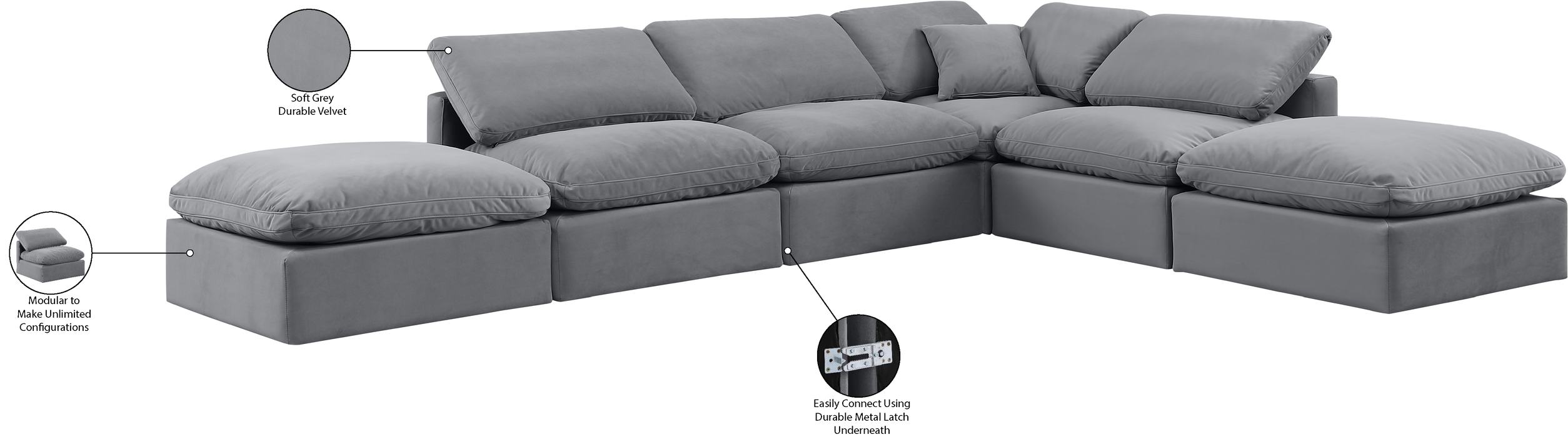 Meridian Furniture - Indulge 140" Grey Velvet Upholstered 6pc. Sectional - 147Grey-Sec6E - GreatFurnitureDeal