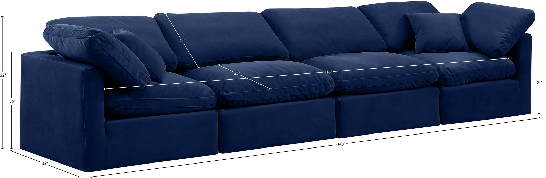 Meridian Furniture - Indulge 140" Navy Velvet Upholstered 4pc. Sofa - 147Navy-S140 - GreatFurnitureDeal