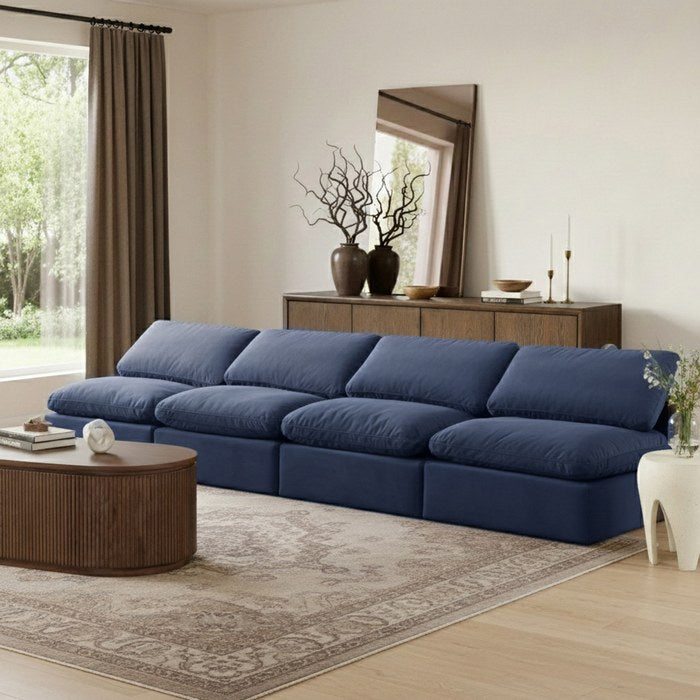 Meridian Furniture - Indulge 140" Navy Velvet Upholstered 4pc. Armless Sofa - 147Navy-S4 - GreatFurnitureDeal