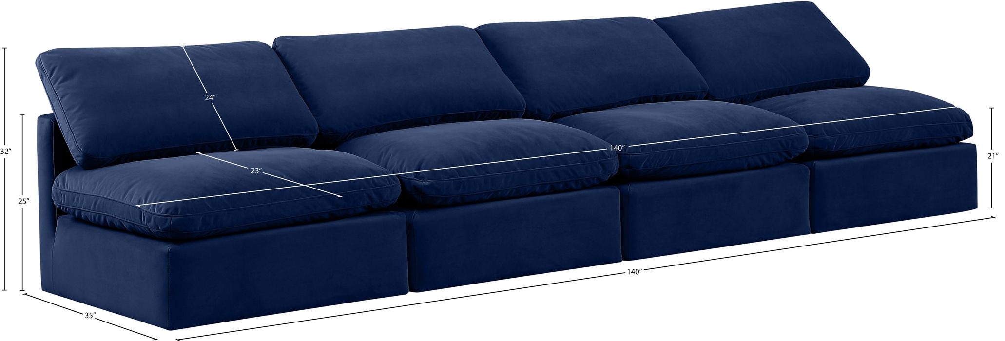Meridian Furniture - Indulge 140" Navy Velvet Upholstered 4pc. Armless Sofa - 147Navy-S4 - GreatFurnitureDeal