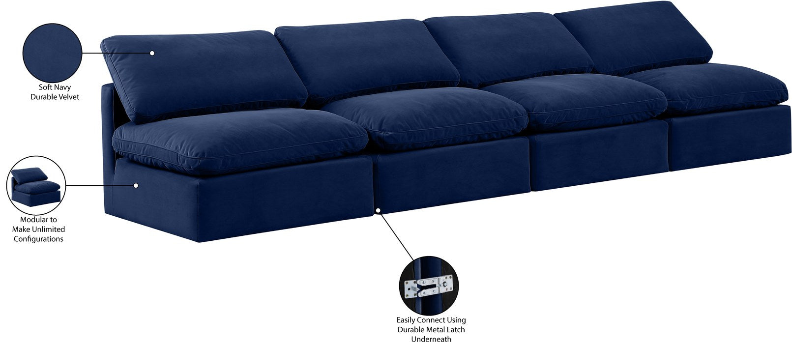 Meridian Furniture - Indulge 140" Navy Velvet Upholstered 4pc. Armless Sofa - 147Navy-S4 - GreatFurnitureDeal