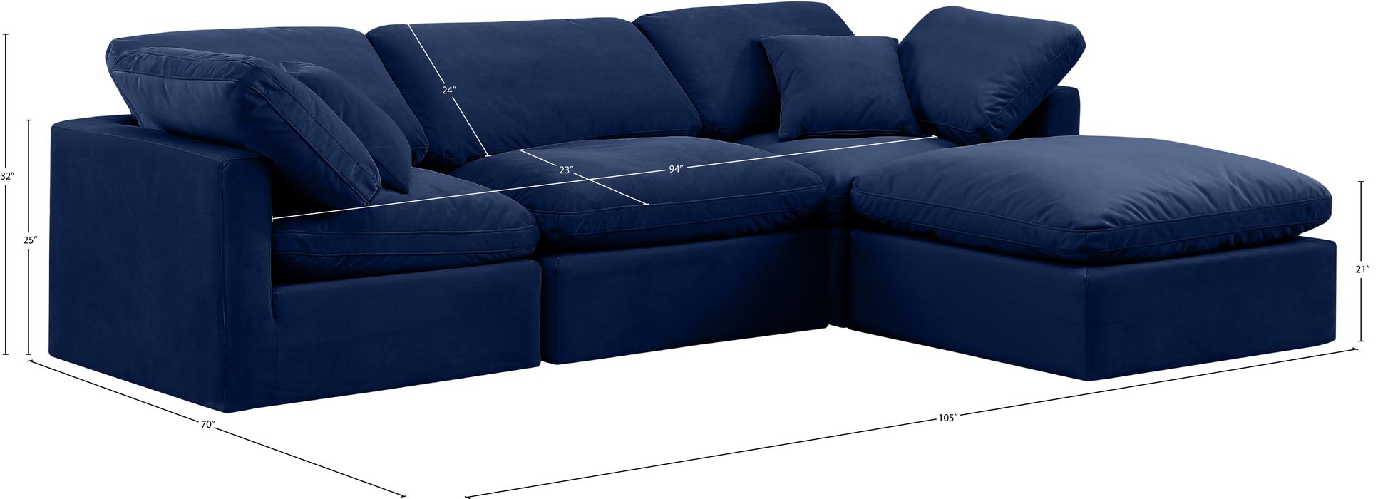 Meridian Furniture - Indulge 105" Navy Velvet Upholstered 4pc. Sectional - 147Navy-Sec4A - GreatFurnitureDeal