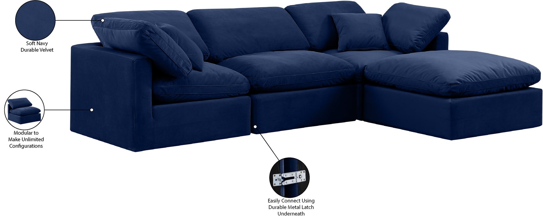Meridian Furniture - Indulge 105" Navy Velvet Upholstered 4pc. Sectional - 147Navy-Sec4A - GreatFurnitureDeal