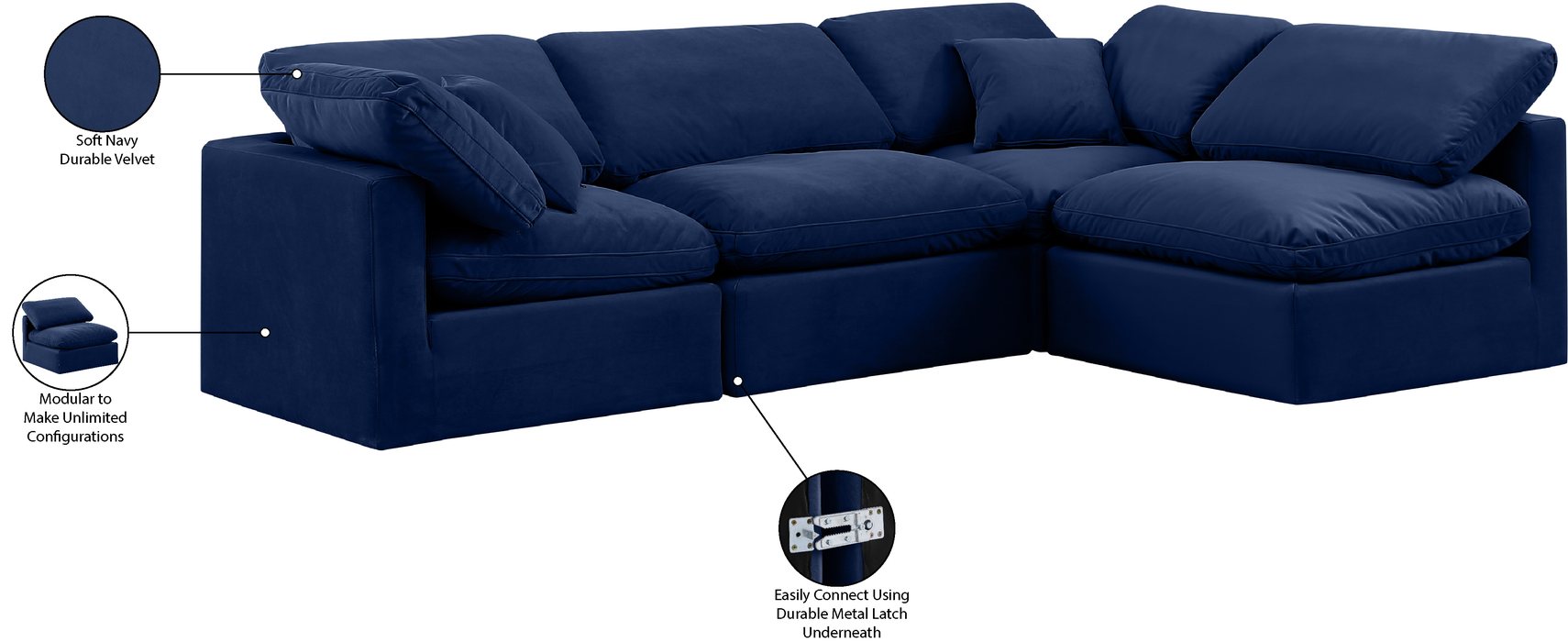 Meridian Furniture - Indulge 105" Navy Velvet Upholstered 4pc. Sectional - 147Navy-Sec4B - GreatFurnitureDeal