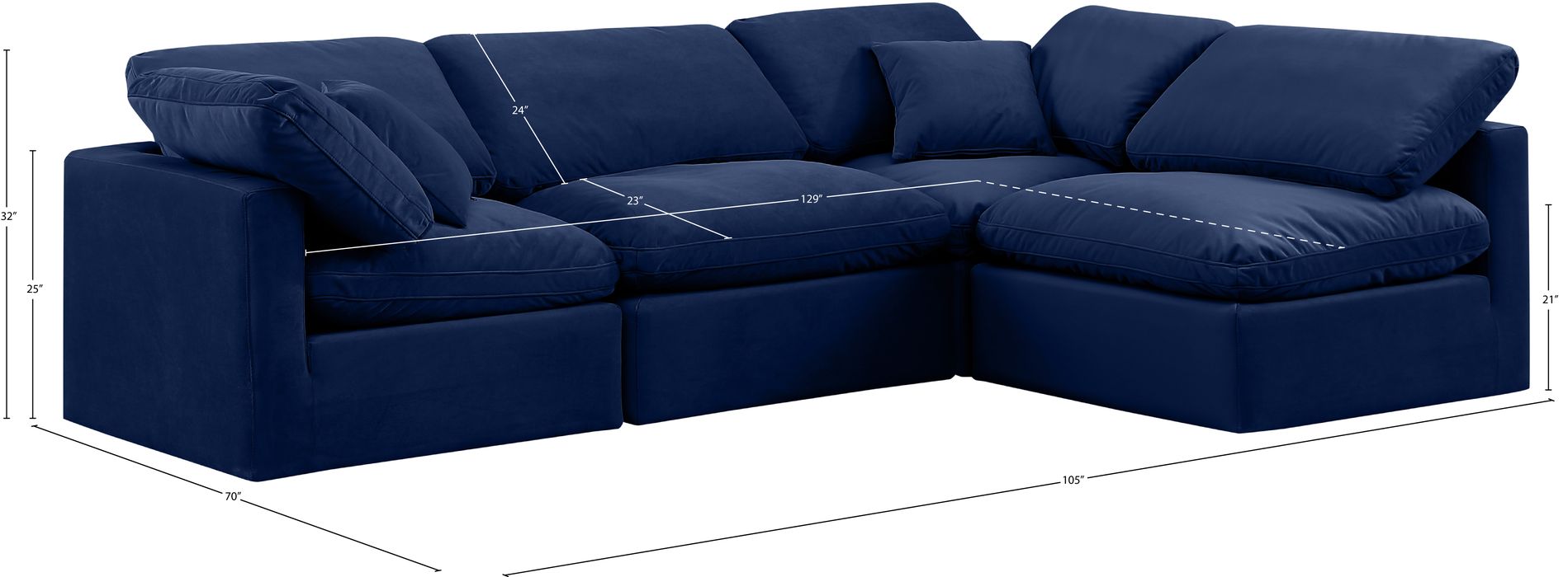 Meridian Furniture - Indulge 105" Navy Velvet Upholstered 4pc. Sectional - 147Navy-Sec4B - GreatFurnitureDeal