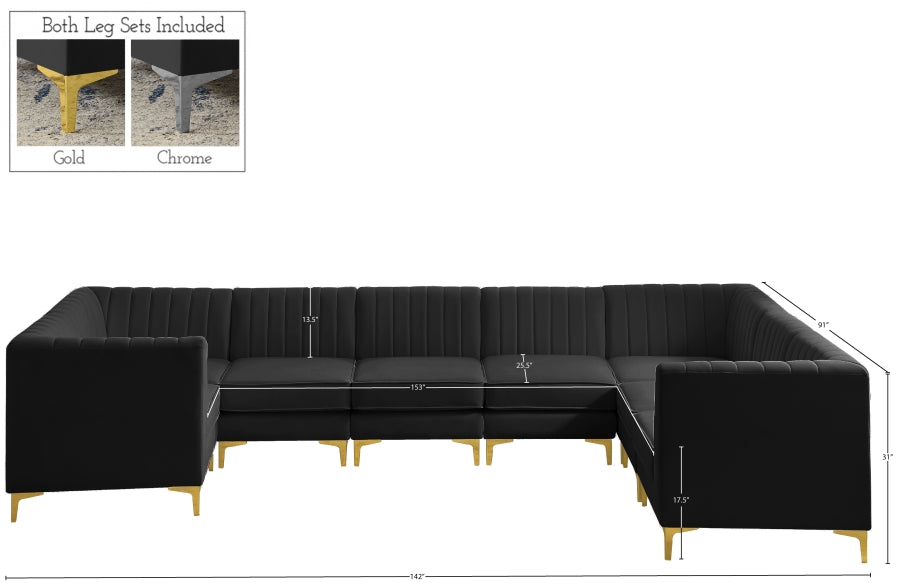 Meridian Furniture - Alina 142" Velvet Upholstered 8 Piece Modular Sectional - 604Black-Sec8C - GreatFurnitureDeal