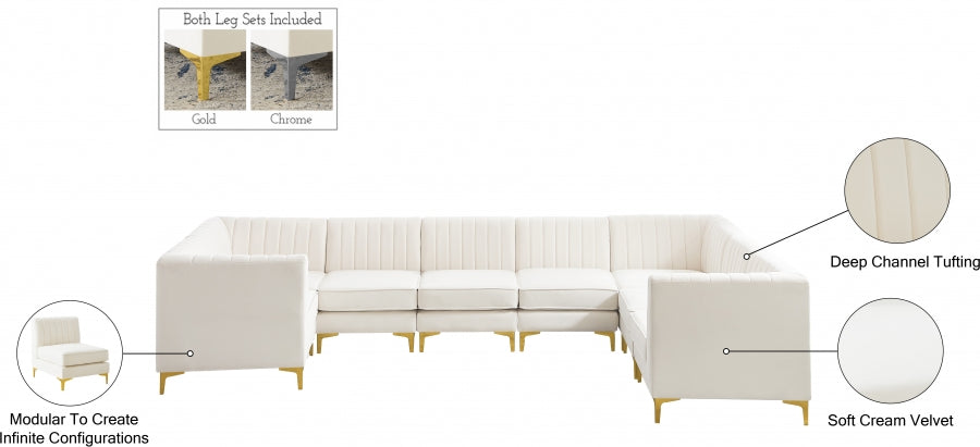Meridian Furniture - Alina 142" Velvet Upholstered 8 Piece Modular Sectional - 604Cream-Sec8C - GreatFurnitureDeal