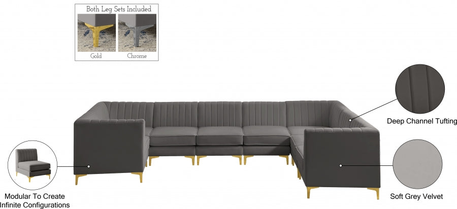 Meridian Furniture - Alina 142" Velvet Upholstered 8 Piece Modular Sectional - 604Grey-Sec8C - GreatFurnitureDeal