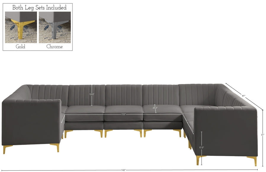 Meridian Furniture - Alina 142" Velvet Upholstered 8 Piece Modular Sectional - 604Grey-Sec8C - GreatFurnitureDeal