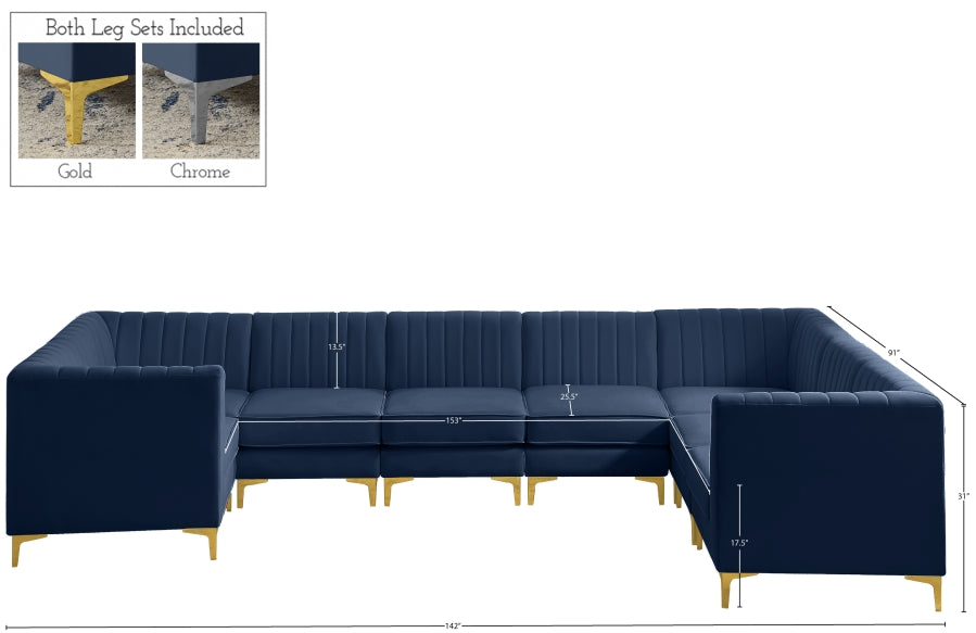 Meridian Furniture - Alina 142" Velvet Upholstered 8 Piece Modular Sectional - 604Navy-Sec8C - GreatFurnitureDeal