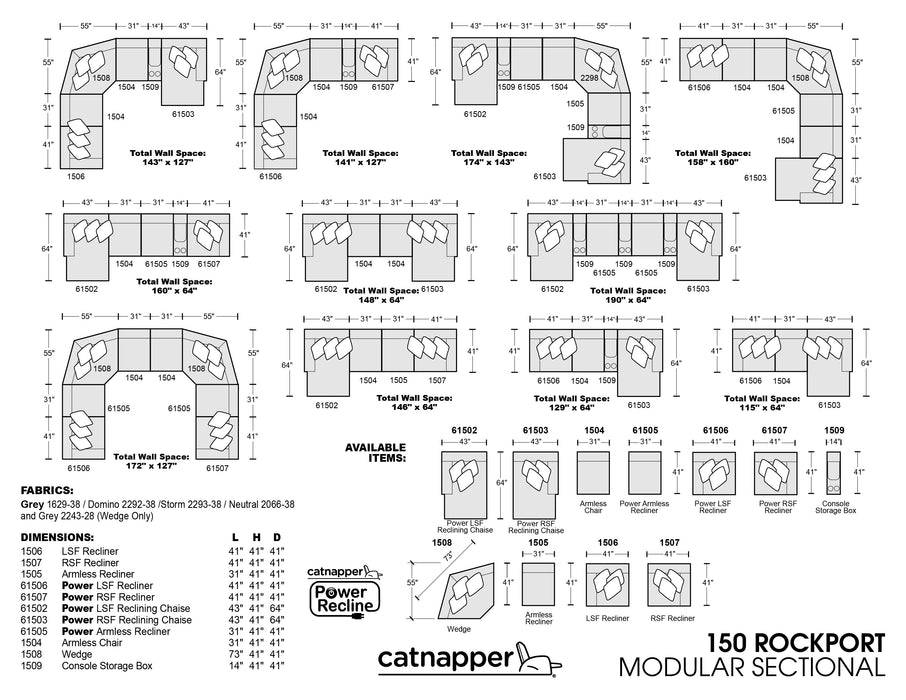 Catnapper - Rockport 6 Piece Power Modular Sectional in Gray - 61502-1509-61505-1508-61505-61507-GRAY - GreatFurnitureDeal