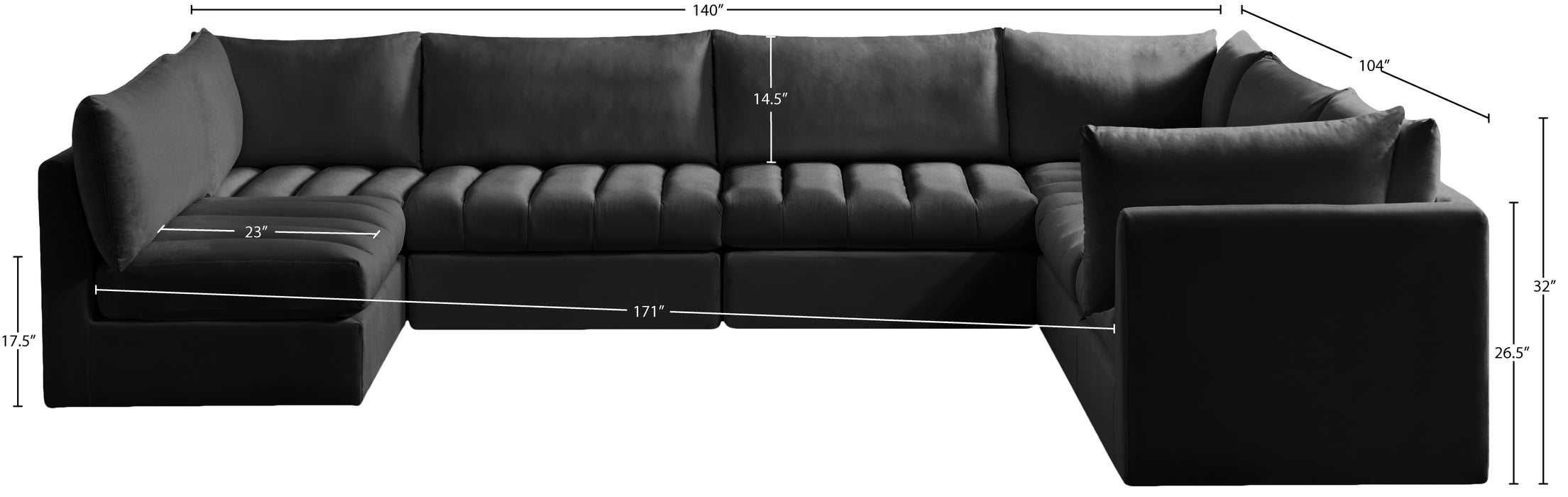 Meridian Furniture - Jacob 140" Velvet Upholstered 7 Piece Modular Sectional - 649Black-Sec7A - GreatFurnitureDeal