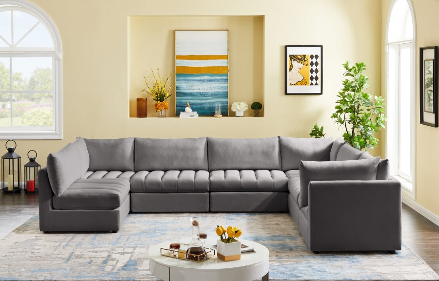Meridian Furniture - Jacob 140" Velvet Upholstered 7 Piece Modular Sectional - 649Grey-Sec7A - GreatFurnitureDeal