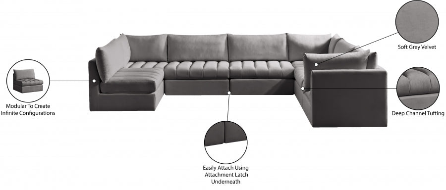 Meridian Furniture - Jacob 140" Velvet Upholstered 7 Piece Modular Sectional - 649Grey-Sec7A - GreatFurnitureDeal