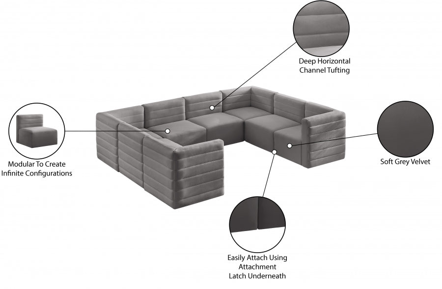 Meridian Furniture - Quincy 126" Velvet Upholstered Comfort 8 Piece Modular Sectional - 677Grey-Sec8A - GreatFurnitureDeal