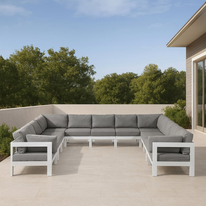 Meridian Furniture - Nizuc 150" Water Resistant Fabric Upholstered Outdoor Patio 11 Piece Modular Sectional - 375Grey-Sec11A - GreatFurnitureDeal