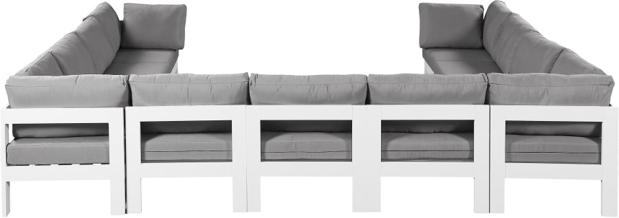 Meridian Furniture - Nizuc 150" Water Resistant Fabric Upholstered Outdoor Patio 11 Piece Modular Sectional - 375Grey-Sec11A - GreatFurnitureDeal