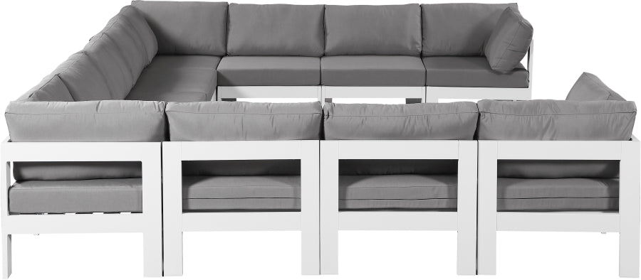 Meridian Furniture - Nizuc 150" Water Resistant Fabric Upholstered Outdoor Patio 11 Piece Modular Sectional - 375Grey-Sec11A - GreatFurnitureDeal