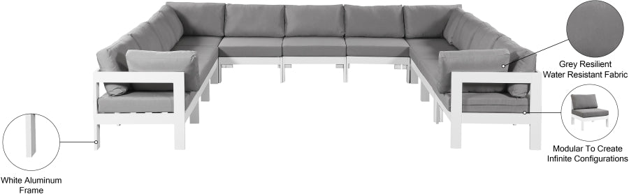Meridian Furniture - Nizuc 150" Water Resistant Fabric Upholstered Outdoor Patio 11 Piece Modular Sectional - 375Grey-Sec11A - GreatFurnitureDeal