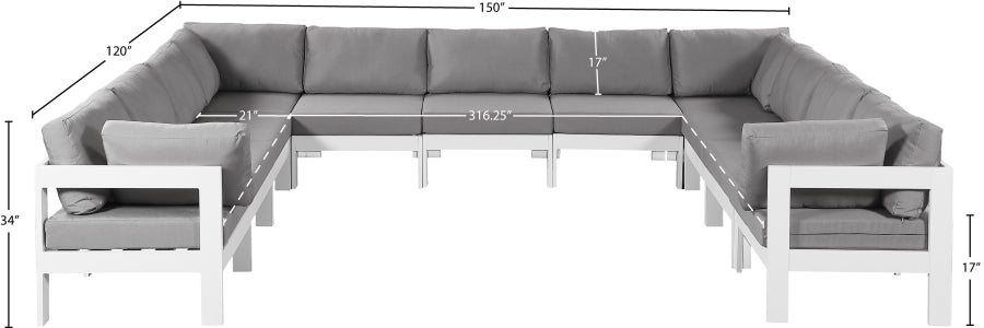 Meridian Furniture - Nizuc 150" Water Resistant Fabric Upholstered Outdoor Patio 11 Piece Modular Sectional - 375Grey-Sec11A - GreatFurnitureDeal