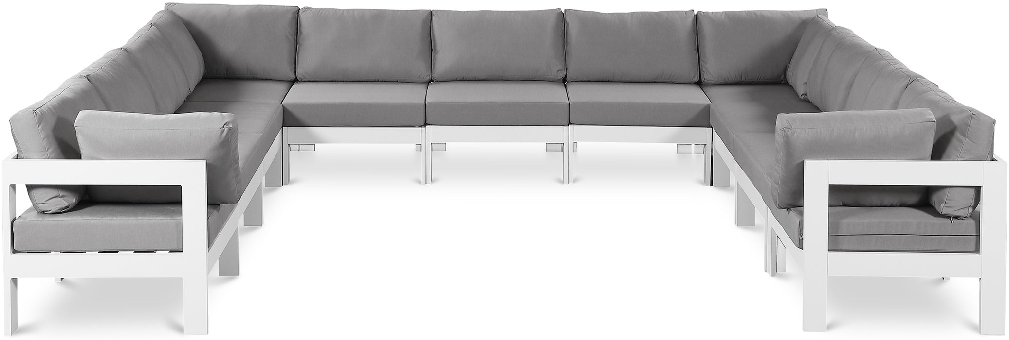 Meridian Furniture - Nizuc 150" Water Resistant Fabric Upholstered Outdoor Patio 11 Piece Modular Sectional - 375Grey-Sec11A - GreatFurnitureDeal