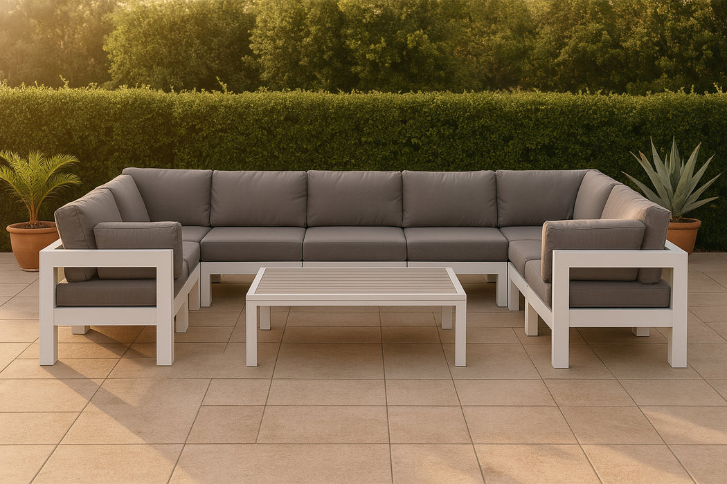 Meridian Furniture - Nizuc 150" Water Resistant Fabric Upholstered Outdoor Patio 9 Piece Modular Sectional - 375Grey-Sec9C - GreatFurnitureDeal