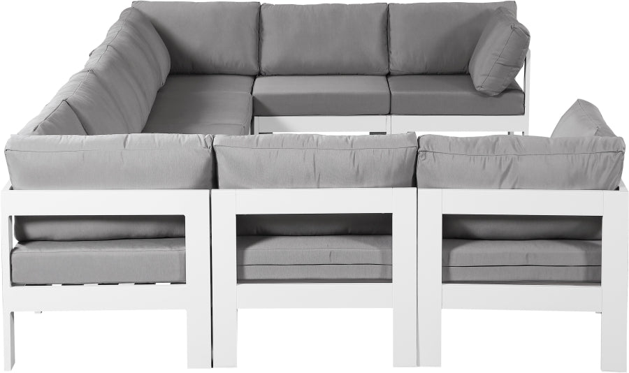 Meridian Furniture - Nizuc 150" Water Resistant Fabric Upholstered Outdoor Patio 9 Piece Modular Sectional - 375Grey-Sec9C - GreatFurnitureDeal