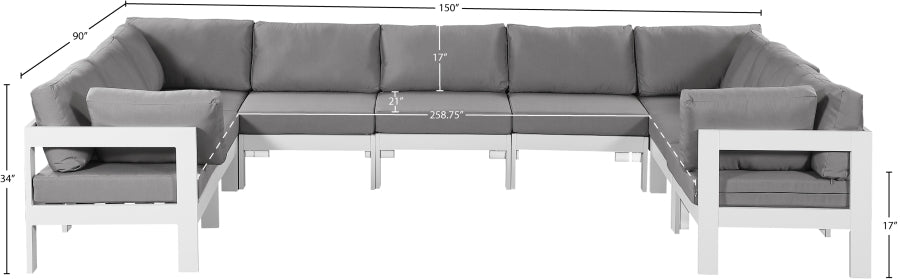 Meridian Furniture - Nizuc 150" Water Resistant Fabric Upholstered Outdoor Patio 9 Piece Modular Sectional - 375Grey-Sec9C - GreatFurnitureDeal