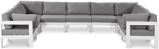 Meridian Furniture - Nizuc 150" Water Resistant Fabric Upholstered Outdoor Patio 9 Piece Modular Sectional - 375Grey-Sec9C - GreatFurnitureDeal