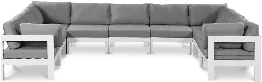 Meridian Furniture - Nizuc 150" Water Resistant Fabric Upholstered Outdoor Patio 9 Piece Modular Sectional - 375Grey-Sec9C - GreatFurnitureDeal