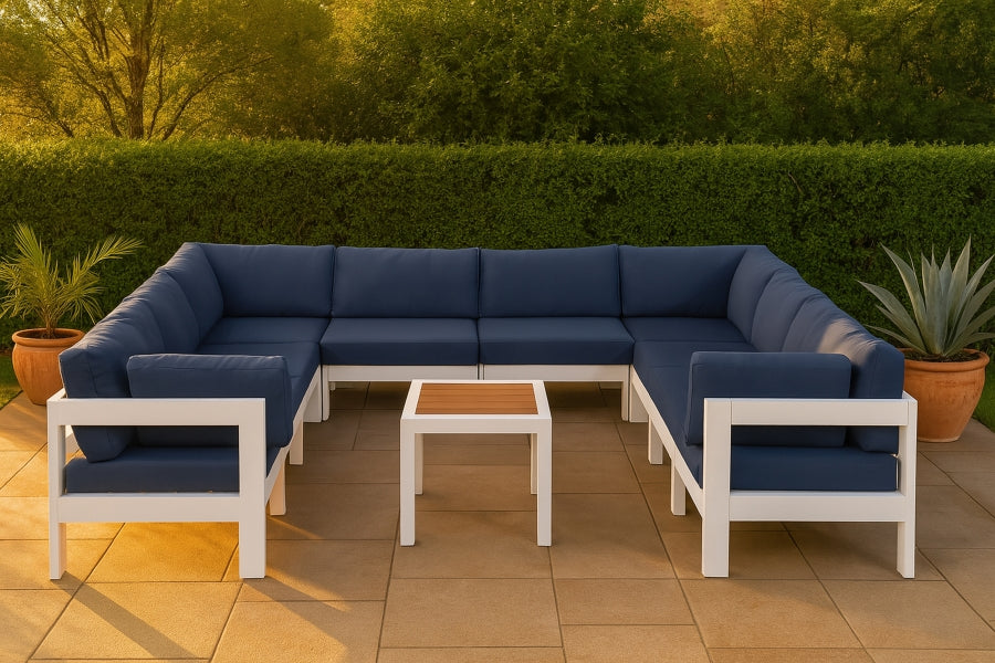 Meridian Furniture - Nizuc 150" Water Resistant Fabric Upholstered Outdoor Patio 11 Piece Modular Sectional - 375Navy-Sec11A - GreatFurnitureDeal
