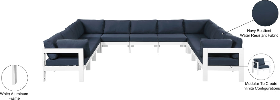 Meridian Furniture - Nizuc 150" Water Resistant Fabric Upholstered Outdoor Patio 11 Piece Modular Sectional - 375Navy-Sec11A - GreatFurnitureDeal