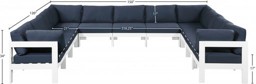 Meridian Furniture - Nizuc 150" Water Resistant Fabric Upholstered Outdoor Patio 11 Piece Modular Sectional - 375Navy-Sec11A - GreatFurnitureDeal