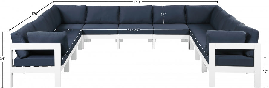 Meridian Furniture - Nizuc 150" Water Resistant Fabric Upholstered Outdoor Patio 11 Piece Modular Sectional - 375Navy-Sec11A - GreatFurnitureDeal