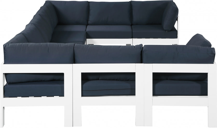 Meridian Furniture - Nizuc 150" Water Resistant Fabric Upholstered Outdoor Patio 9 Piece Modular Sectional - 375Navy-Sec9C - GreatFurnitureDeal