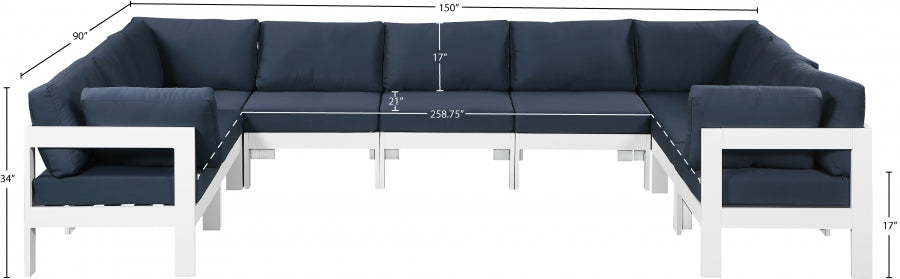 Meridian Furniture - Nizuc 150" Water Resistant Fabric Upholstered Outdoor Patio 9 Piece Modular Sectional - 375Navy-Sec9C - GreatFurnitureDeal