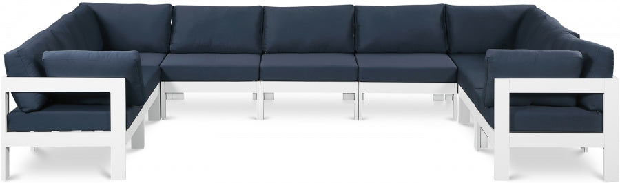 Meridian Furniture - Nizuc 150" Water Resistant Fabric Upholstered Outdoor Patio 9 Piece Modular Sectional - 375Navy-Sec9C - GreatFurnitureDeal