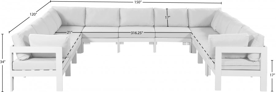Meridian Furniture - Nizuc 150" Water Resistant Fabric Upholstered Outdoor Patio 11 Piece Modular Sectional - 375White-Sec11A - GreatFurnitureDeal