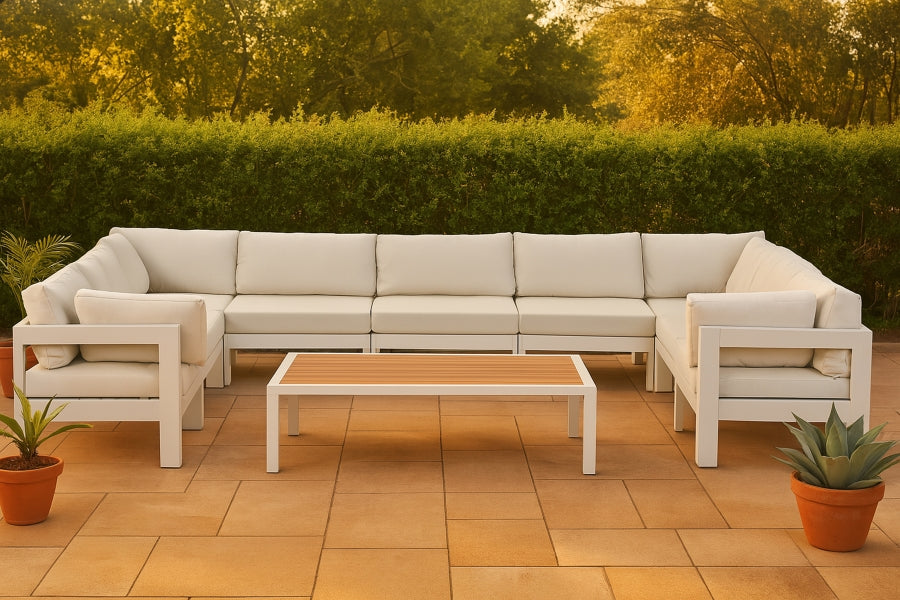 Meridian Furniture - Nizuc 150" Water Resistant Fabric Upholstered Outdoor Patio 9 Piece Modular Sectional - 375White-Sec9C - GreatFurnitureDeal